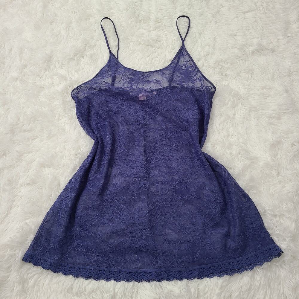 Victoria's Secret Womens Sz M Dusty Periwinkle Y2K Lace Floral Mesh Slip Dress